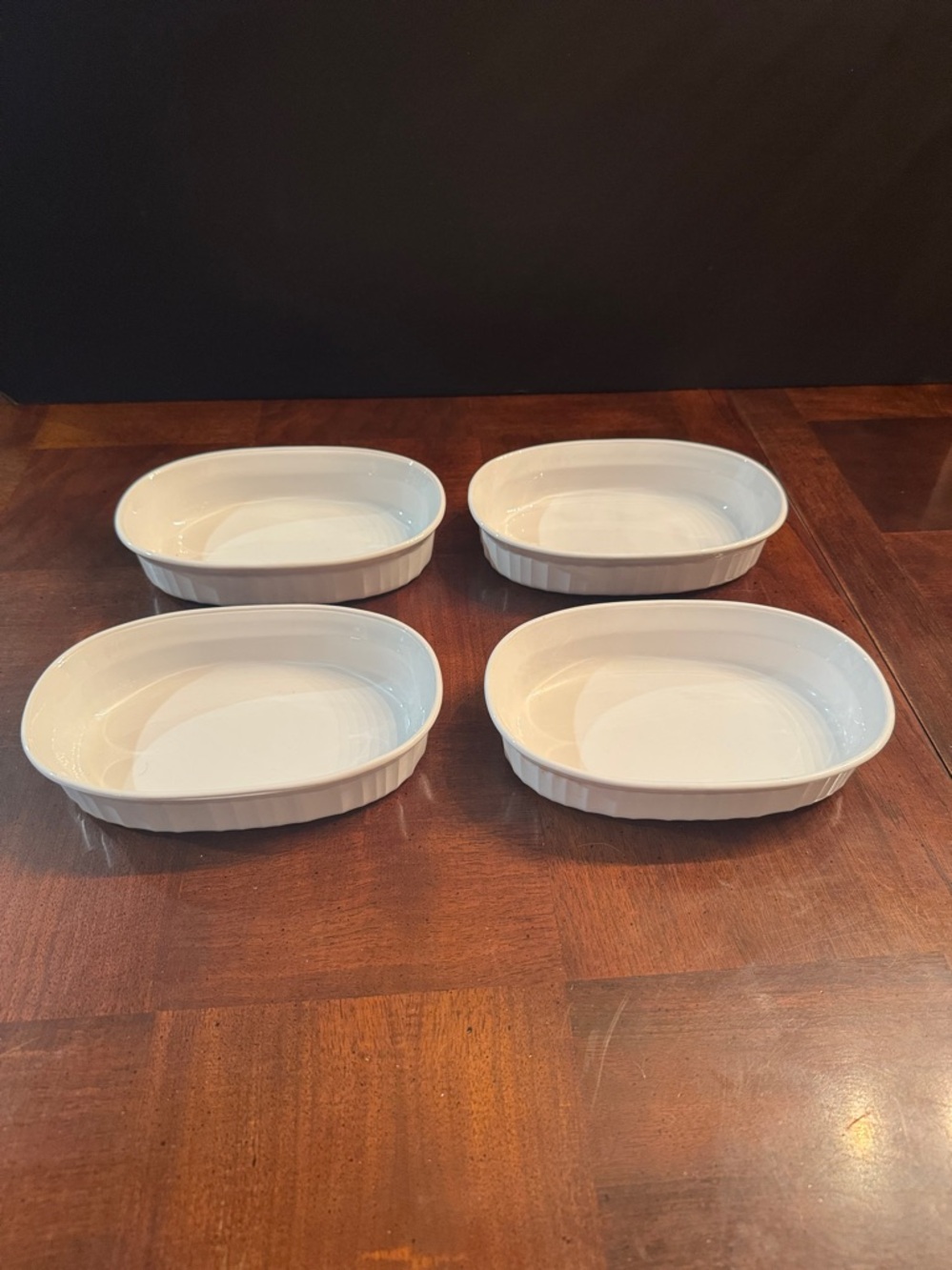 4 Corning Ware French White  Individual F-15-B Oval Stoneware Casserole Dishes